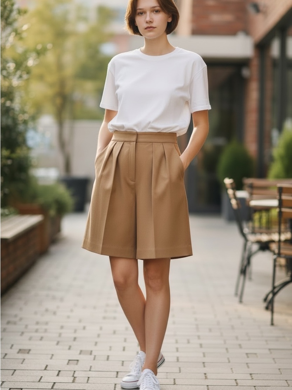 Mango MNG Camel Tan Pleated High Waisted Tailored Shorts Size 10 Sustainable New